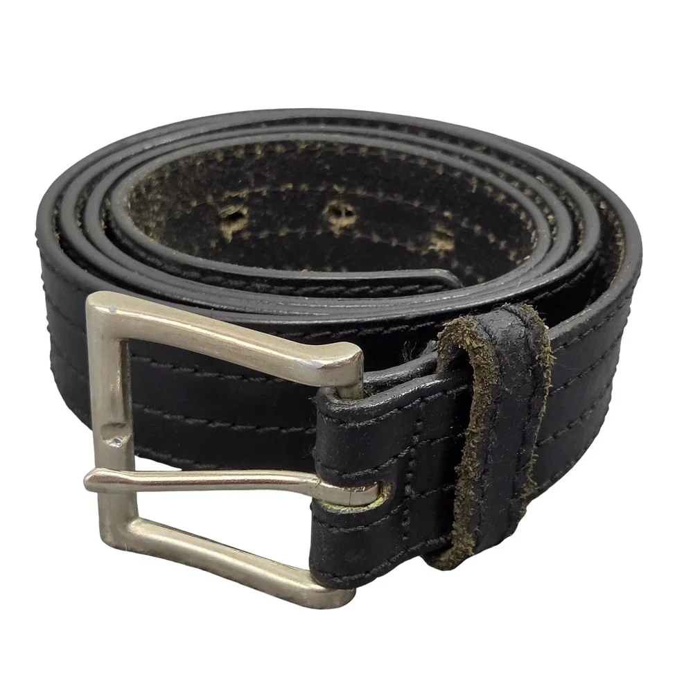 Triple Stitched Black Leather Belt Mens 42 Black Casual Classic Rugged Workwear